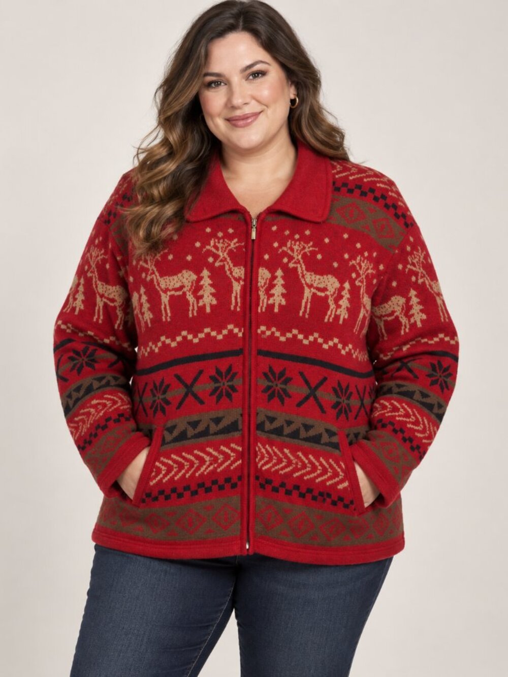 Vintage Venezia Jeans 100% Wool Red Reindeer Zip Up Sweater Jacket 26/28 Holiday